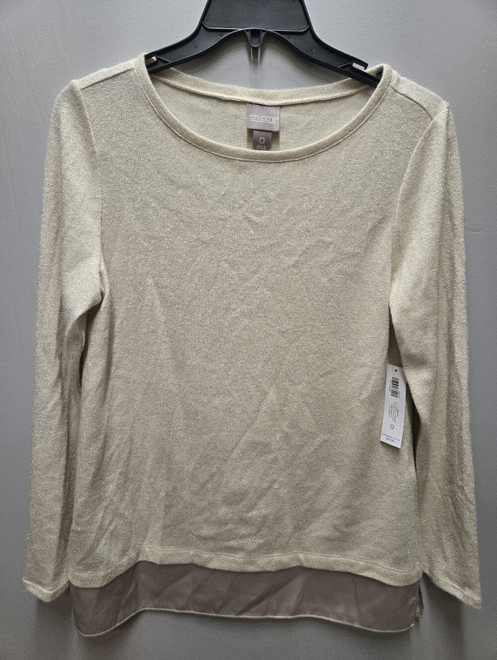 Chicos Womens Size 0 (Small) Modern Ecru Shimmer Knit Scoop Neck Twofer Top NWT